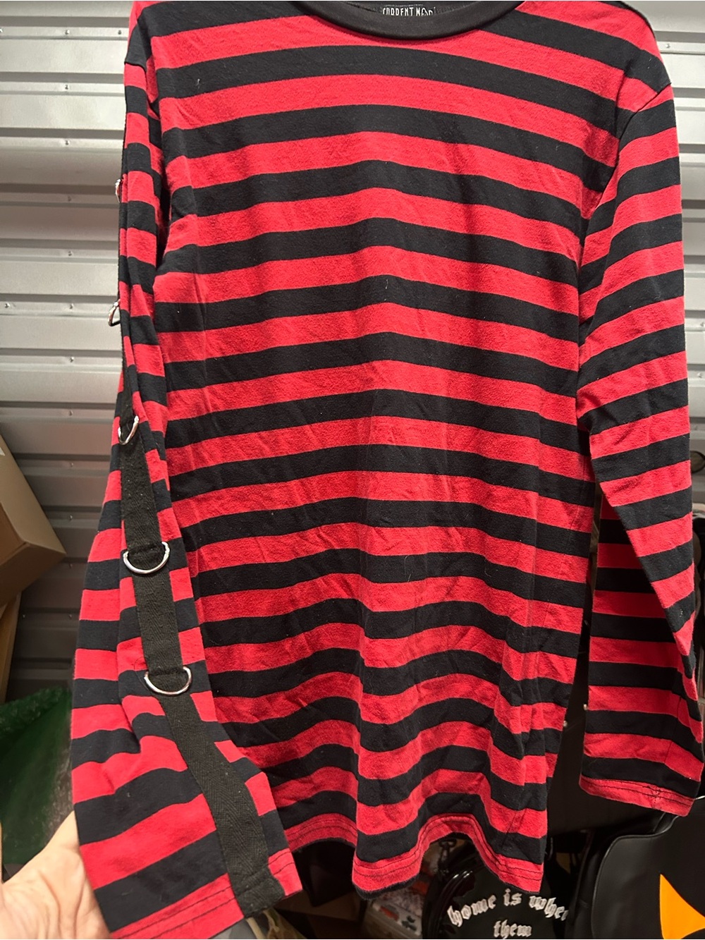 Current mood red black striped LS d-rings punk top emo goth
